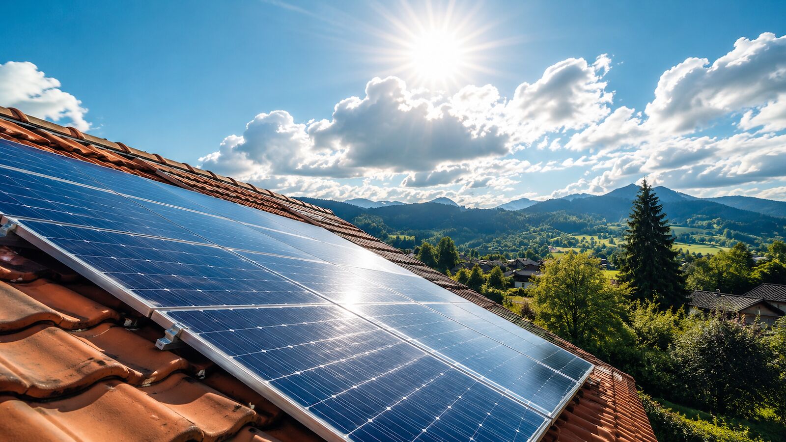 Solaranlage auf einem Eigenheim mit Blick über die Landschaft