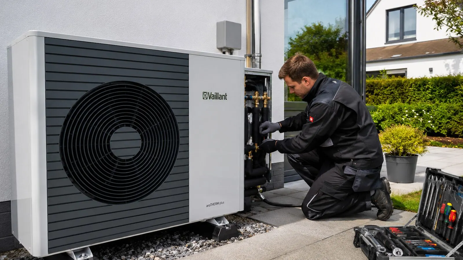 Techniker installiert eine Wärmepumpe an einem Wohnhaus